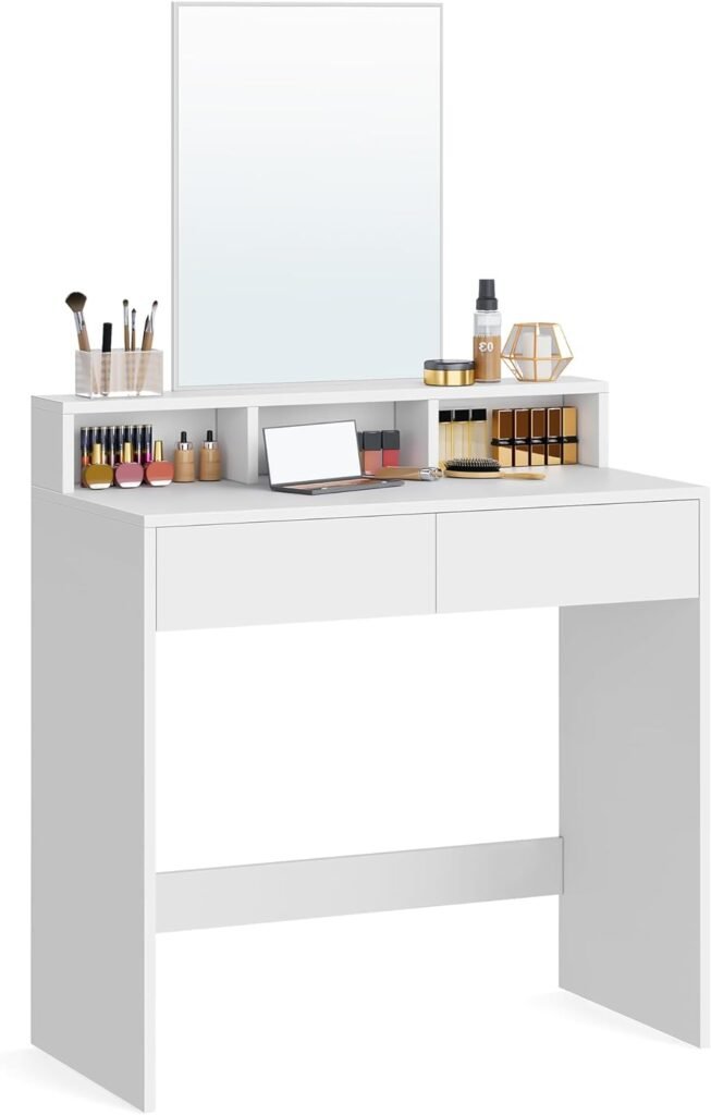 VASAGLE Tocador, Mesa de Maquillaje con Espejo Grande, Gabinete con 2 Cajones y 3 Compartimentos, Estilo Moderno, Blanco RDT113W01