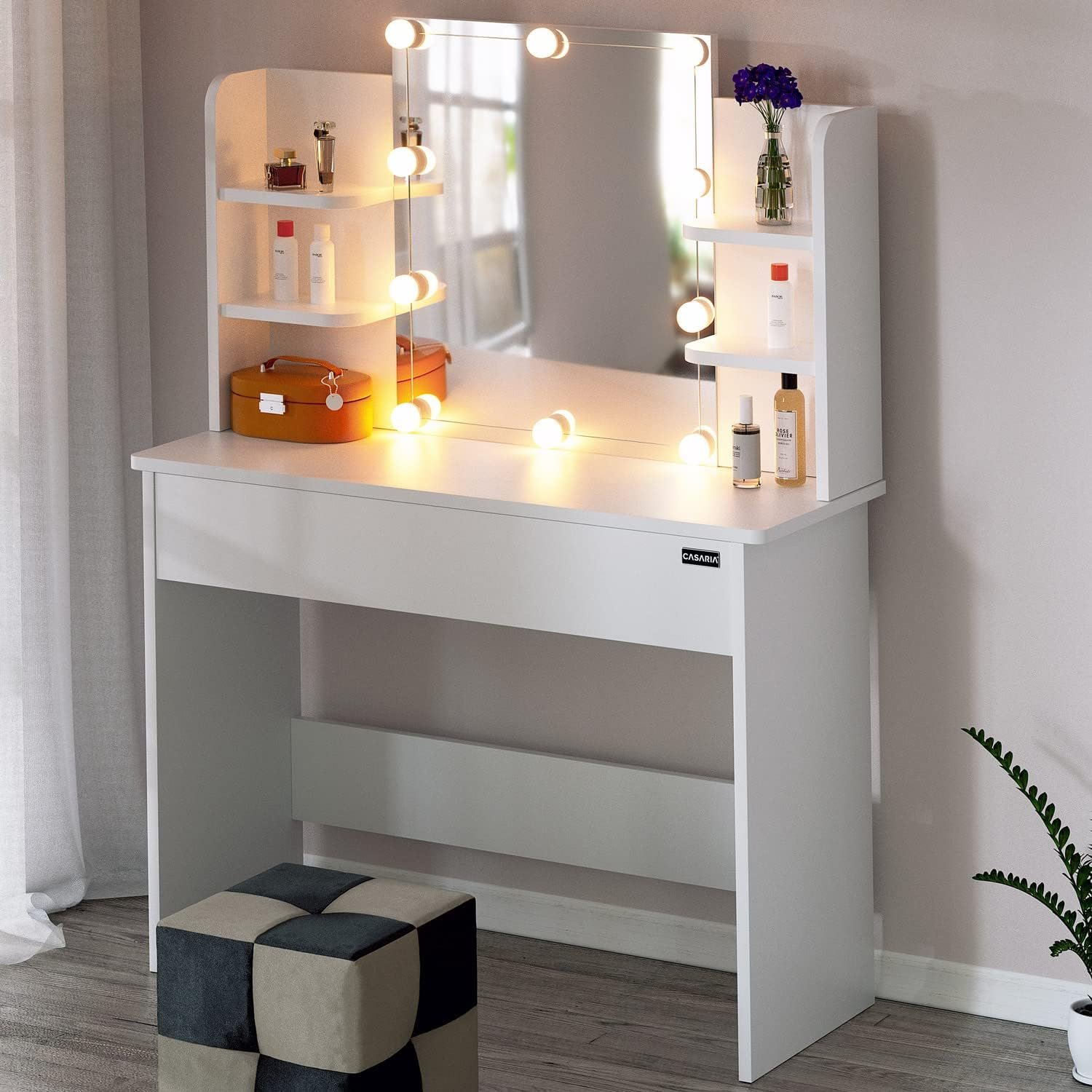 CASARIA® Tocador de Maquillaje Mesa Cosmética con Espejo 10 LED Escritorio con Cajón